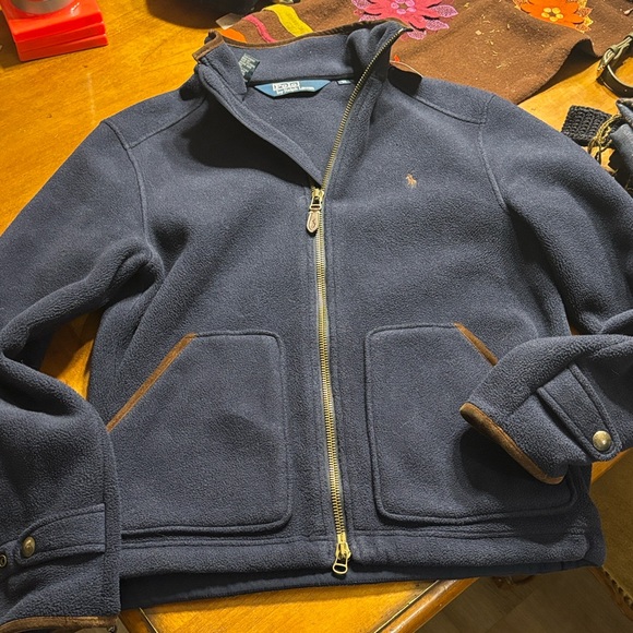 Polo Ralph Lauren Other - Polo by Ralph Lauren Fleece Navy Jacket with Brown Trim